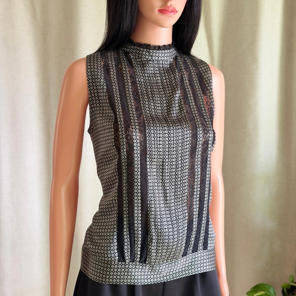 Zara Woman 100% Silk Sleeveless Lace Panel Mock Neck Blouse M Black White